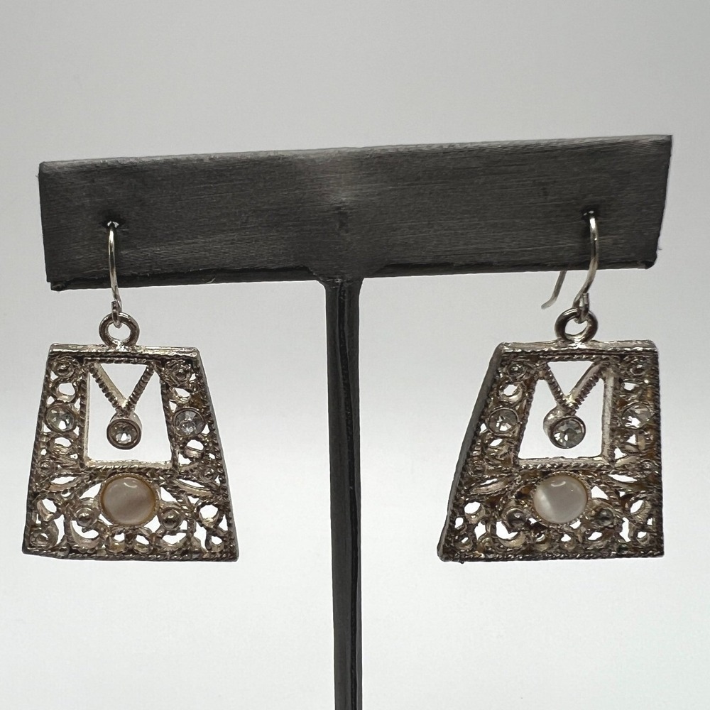 Vintage Pierced Earrings Statement Silver Tone Faux Moonstone Rhinestone‎